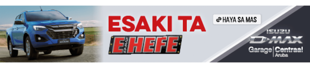 Un veh culo azul estacionado junto a un texto en rojo y negro que dice “ESAKI TA EHEFE" y logotipos de Isuzu D-Max y Garage Central. Descripci n generada con IA