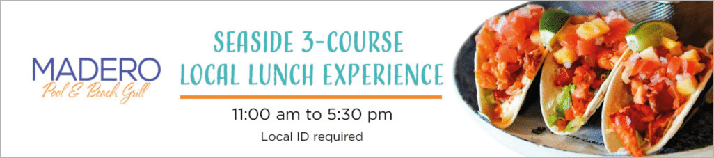 Promoci n de experiencia de almuerzo junto al mar con tres tiempos en Madero Pool & Beach Grill disponible desde media ma ana hasta la tarde con identificaci n local requerida. Descripci n generada con IA