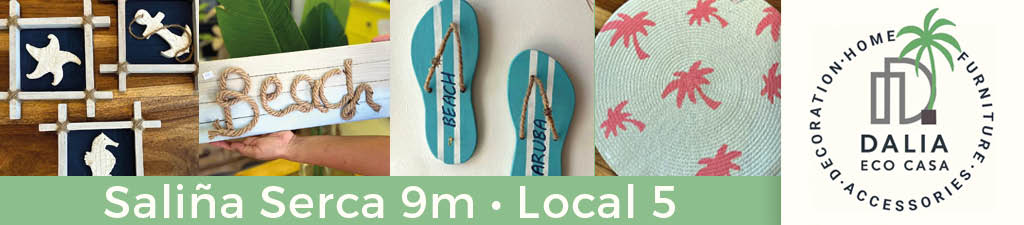 Cuatro im genes peque as muestran decoraciones y objetos relacionados con la playa junto al texto que indica una ubicaci n comercial llamada Salina Serca 9m Local 5 y un logo circular de Dalia Eco Casa con elementos de decoraci n, hogar, muebles y accesorios. Descripci n generada con IA