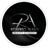 Logotipo circular en blanco y negro con las letras RA y el texto Roberto Avalo Beauty Academy en estilo elegante. Descripci n generada con IA