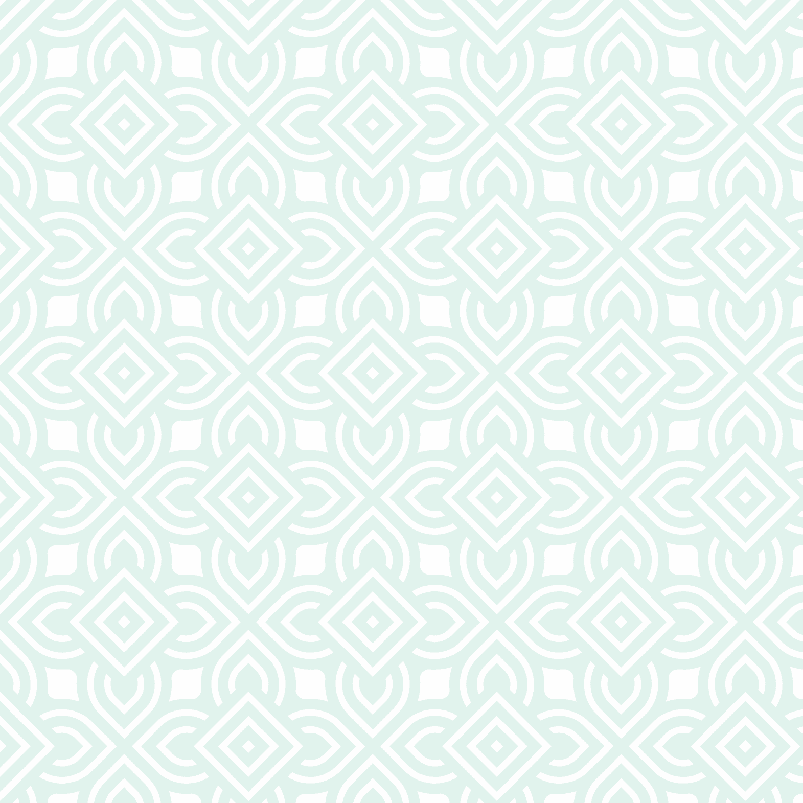 Patr n geom trico repetitivo en tonos verde menta y blanco con formas de diamantes y curvas entrelazadas. Descripci n generada con IA