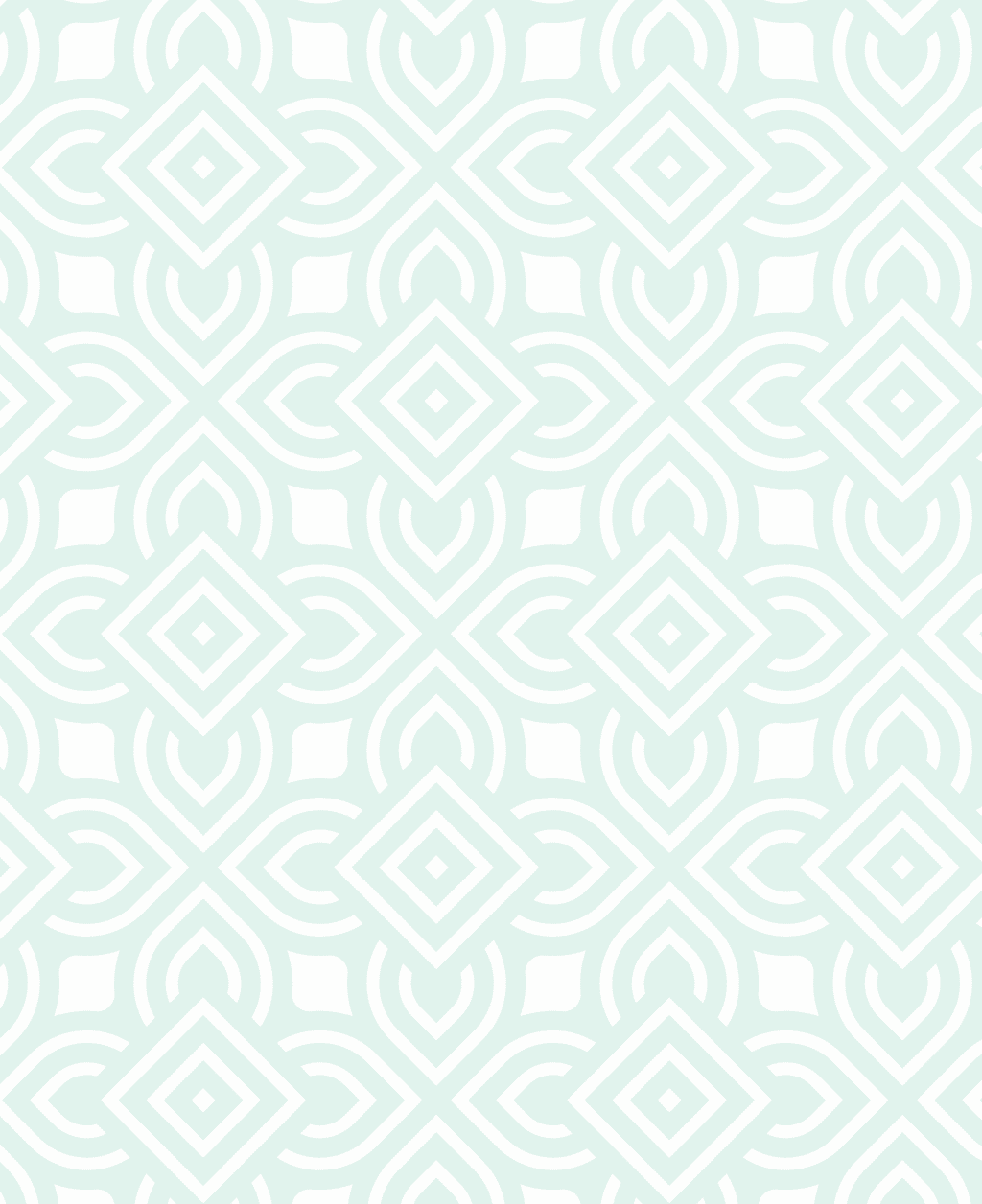 Patr n geom trico repetitivo en tonos verde menta y blanco con formas de diamantes y curvas entrelazadas. Descripci n generada con IA