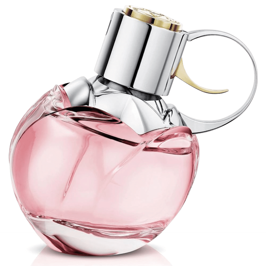 Frasco de perfume con l quido rosado y tapa plateada con detalles dorados que simula la forma de un disparador. Descripci n generada con IA