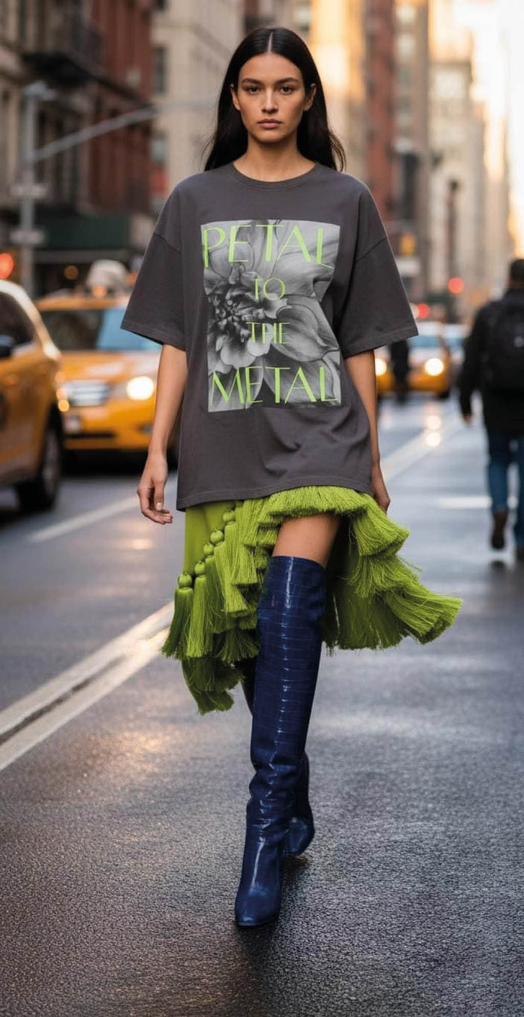 Persona con cabello largo y lacio caminando por una calle urbana con una camiseta gris con texto y una falda verde con volantes combinada con botas altas azules. Descripci n generada con IA