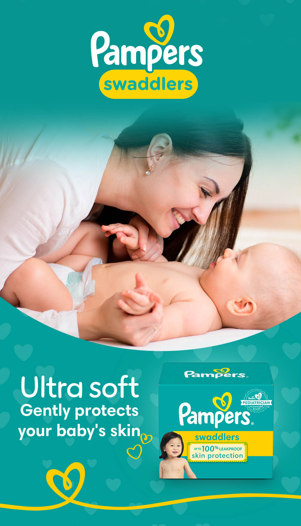 Un adulto sonriente interact a cari osamente con un reci n nacido acostado mientras se promocionan pa ales Pampers Swaddlers con protecci n suave para la piel del beb . Descripci n generada con IA
