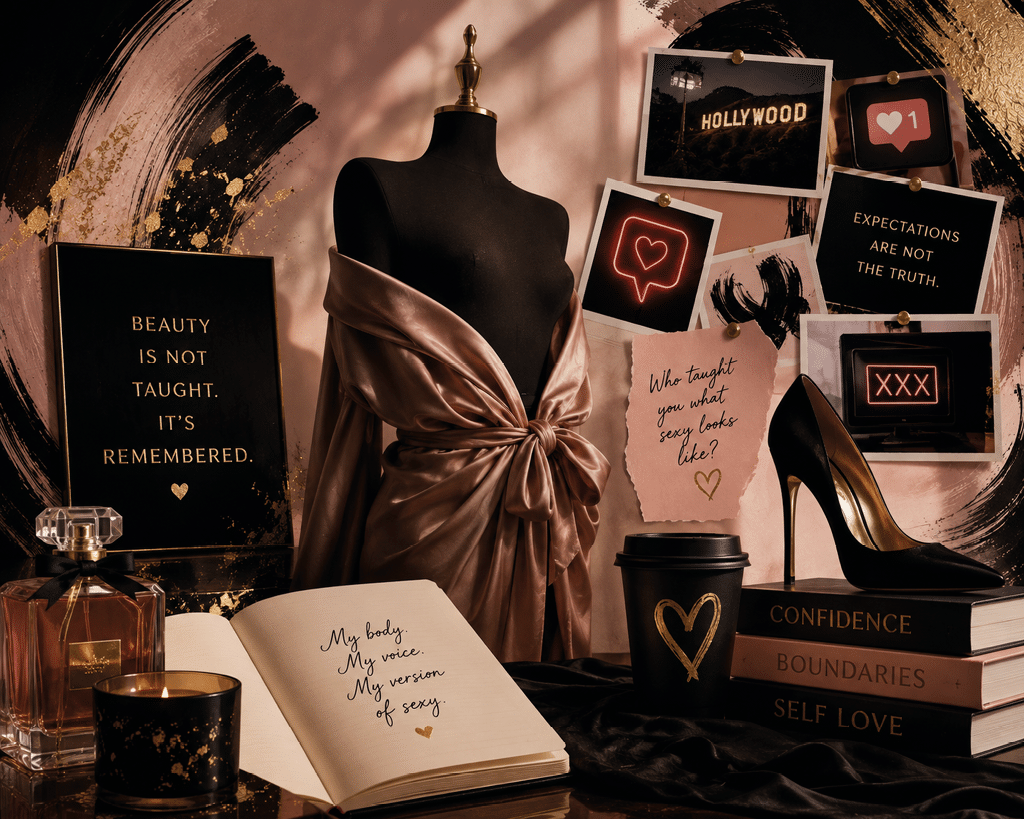 Un maniqu vestido con una bata satinada rodeado de libros con t tulos motivacionales, una copa, un cuaderno abierto con escritura, una taza con un coraz n dibujado y varias notas y fotos inspiradoras en un fondo art stico.  Descripci n generada con IA