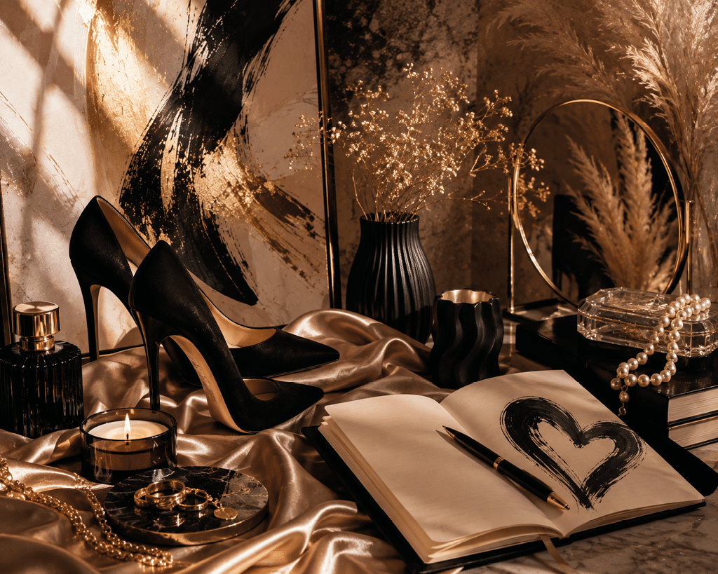 Zapatos de tac n alto negros sobre una tela satinada junto a un cuaderno abierto con un dibujo de coraz n, un bol grafo, velas, joyas y elementos decorativos en un ambiente c lido y elegante. Descripci n generada con IA