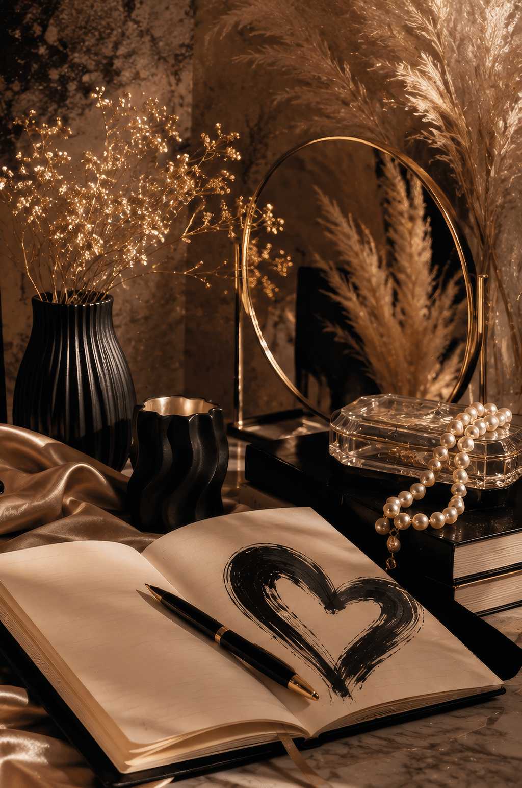 Zapatos de tac n alto negros sobre una tela satinada junto a un cuaderno abierto con un dibujo de coraz n, un bol grafo, velas encendidas, joyas y elementos decorativos en un ambiente c lido y elegante. Descripci n generada con IA