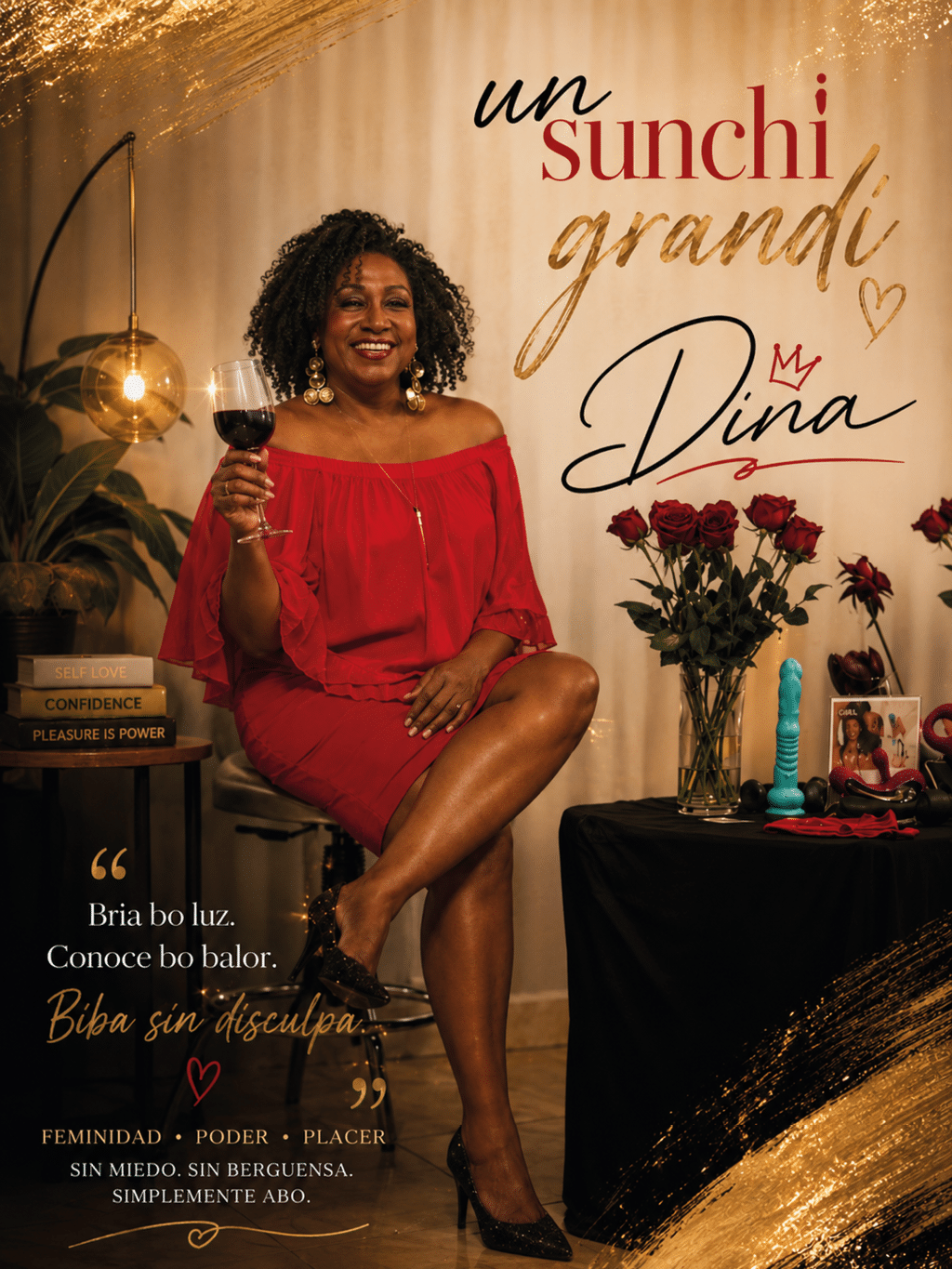 Persona con cabello rizado y vestido rojo sentado en un taburete sosteniendo una copa de vino tinto en un ambiente c lido con decoraci n de plantas, libros y flores, junto a un texto motivacional en espa ol. Descripci n generada con IA