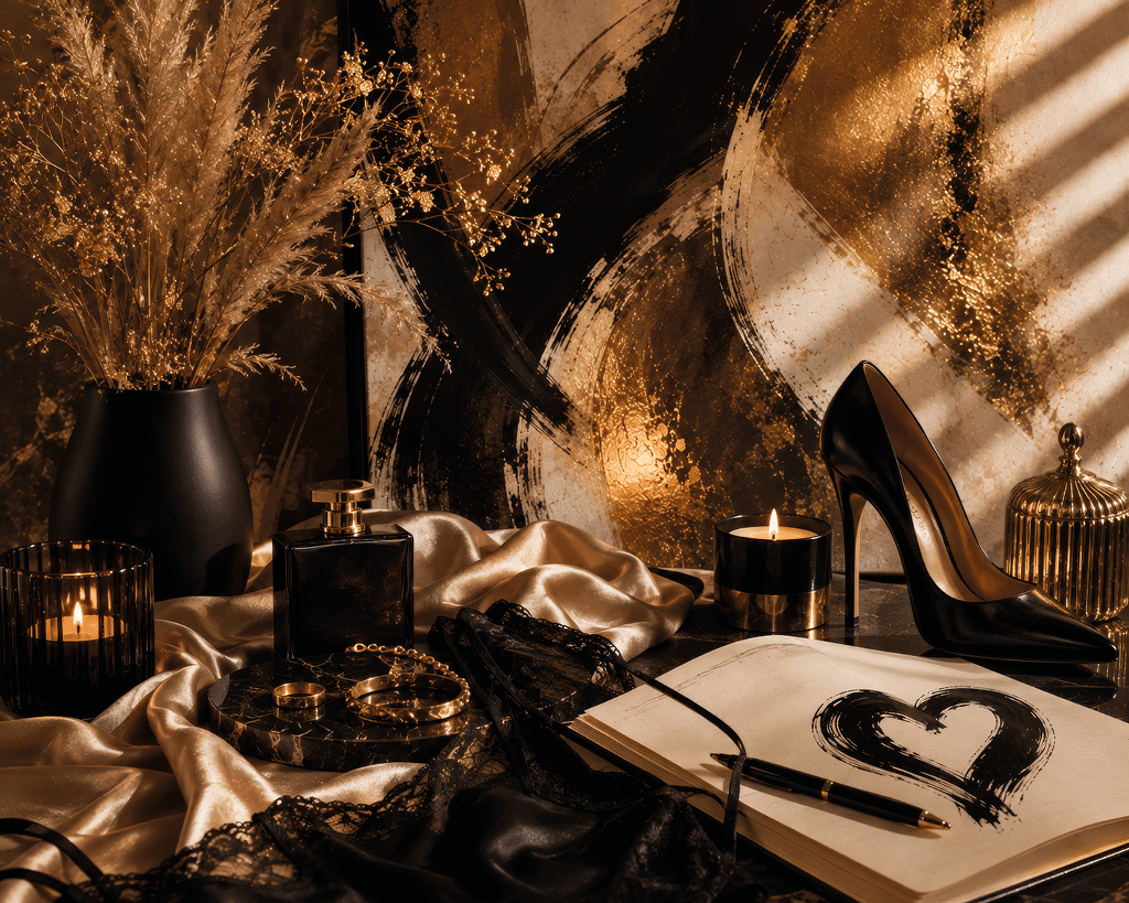 Un conjunto elegante de objetos decorativos y de moda sobre una superficie satinada que incluye un ramo de flores secas, velas encendidas, un perfume, joyas, un bol grafo y un cuaderno con un coraz n dibujado, junto a un zapato de tac n alto negro. Descripci n generada con IA