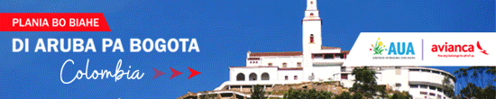 Publicidad de vuelos de Aruba a Bogot con logos de AUA y Avianca sobre una imagen de un edificio blanco con torre bajo un cielo azul.  Descripci n generada con IA
