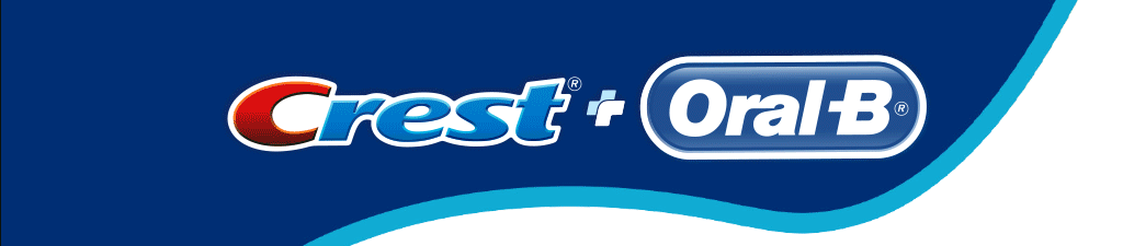 Logotipos de las marcas Crest y Oral-B sobre un fondo azul con detalles en blanco y rojo. Descripci n generada con IA