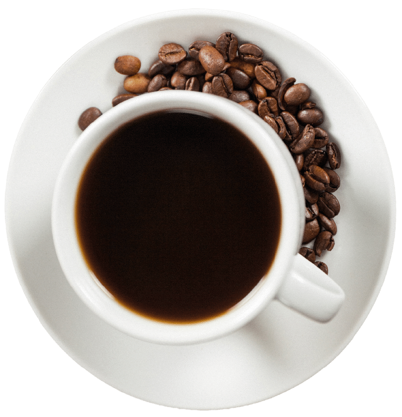 Cup of coffee with coffee beans and book on wooden table