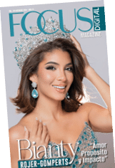 Persona con cabello corto y ondulado que lleva una corona y un vestido adornado con pedrer a en una portada de revista digital llamada Focus. Descripci n generada con IA