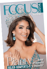 Persona con cabello corto y ondulado que lleva una corona y un vestido adornado con pedrer a en una portada de revista digital llamada Focus. Descripci n generada con IA