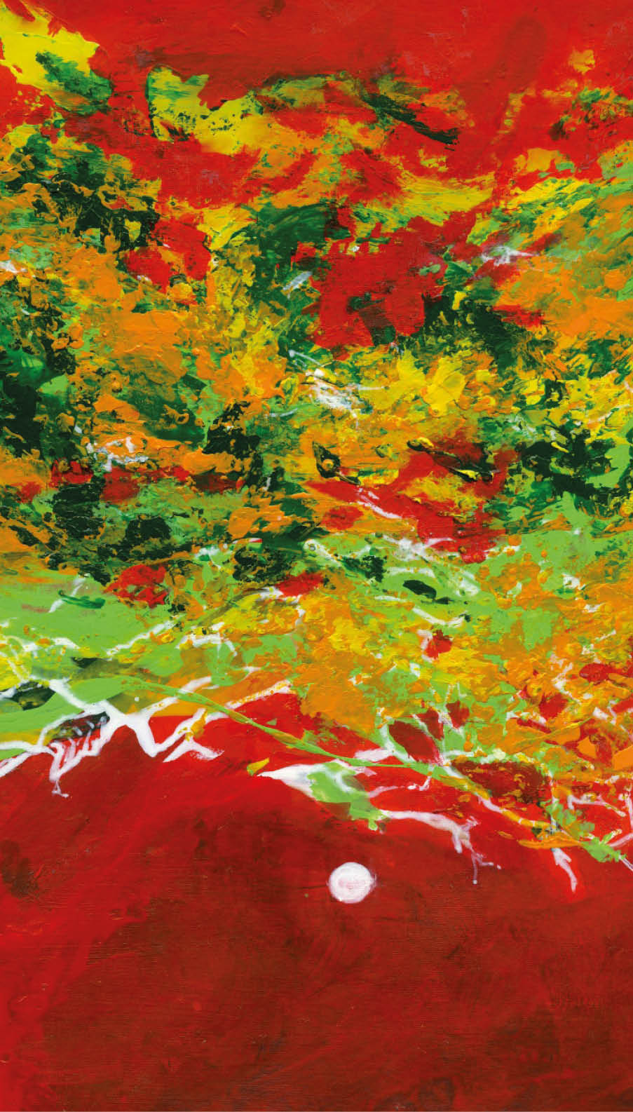 Un rbol estilizado con ra ces blancas detalladas y un follaje abstracto en tonos verdes y amarillos sobre un fondo rojo intenso.  Descripci n generada con IA