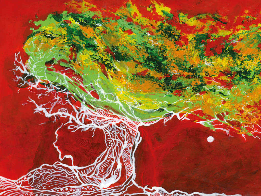  rbol estilizado con ra ces y tronco dibujados en l neas blancas sobre un fondo rojo intenso y follaje abstracto en tonos verdes y amarillos. Descripci n generada con IA