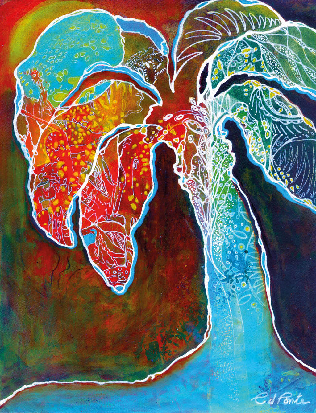 Una pintura colorida que muestra hojas grandes con detalles intrincados en tonos rojos, azules y verdes sobre un fondo oscuro. Descripci n generada con IA