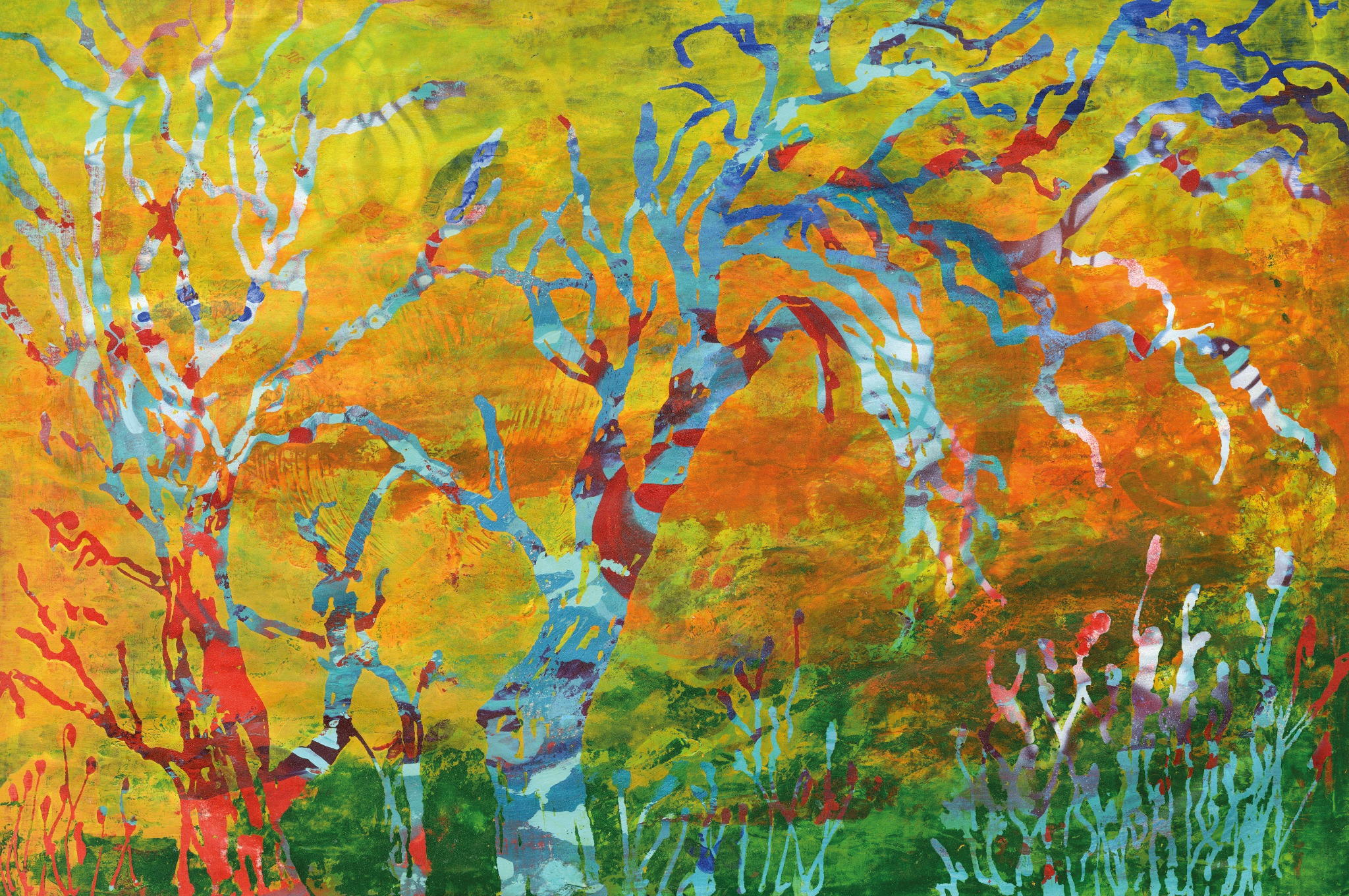 Paisaje abstracto con rboles y plantas representados en colores vivos y texturas que combinan tonos amarillos, verdes, azules y naranjas.  Descripci n generada con IA